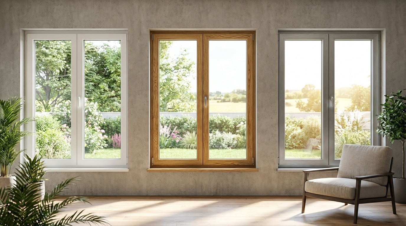Tre finestre affiancate in PVC bianco, legno naturale e alluminio grigio in un interno luminoso