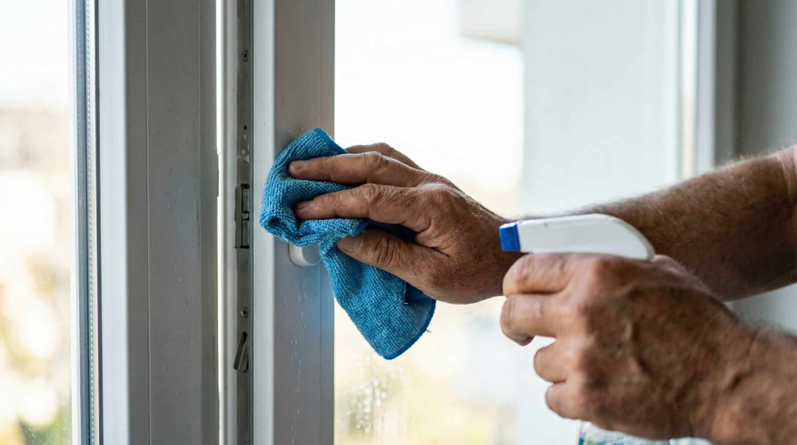 Mani che puliscono una finestra in PVC bianco con panno e spray