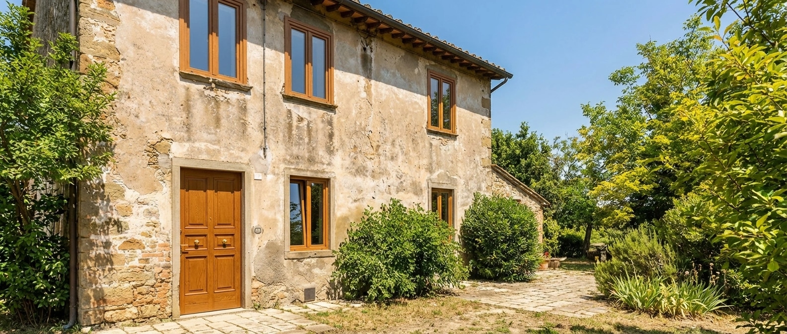 Casale toscano in pietra riqualificato con nuove finestre e porta in PVC effetto legno