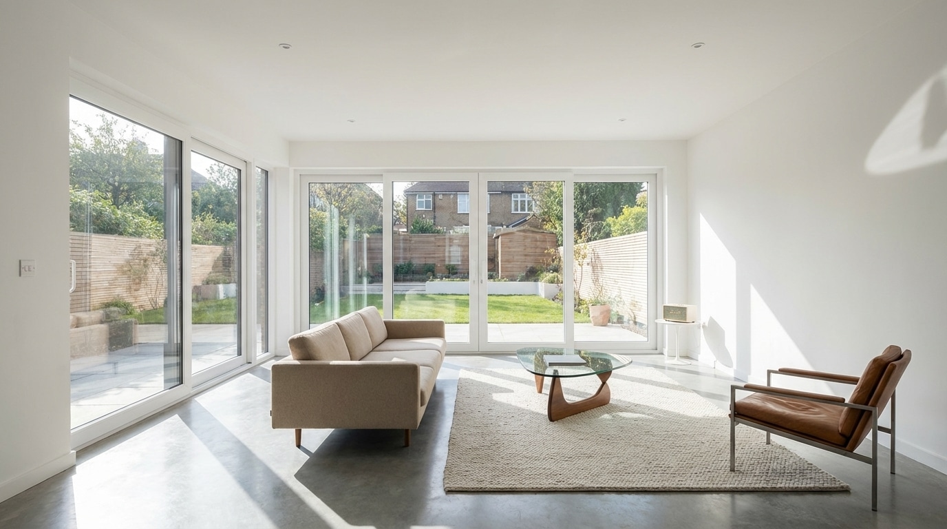 Interno di soggiorno moderno con ampia finestra scorrevole in PVC bianco, luce naturale in ingresso
