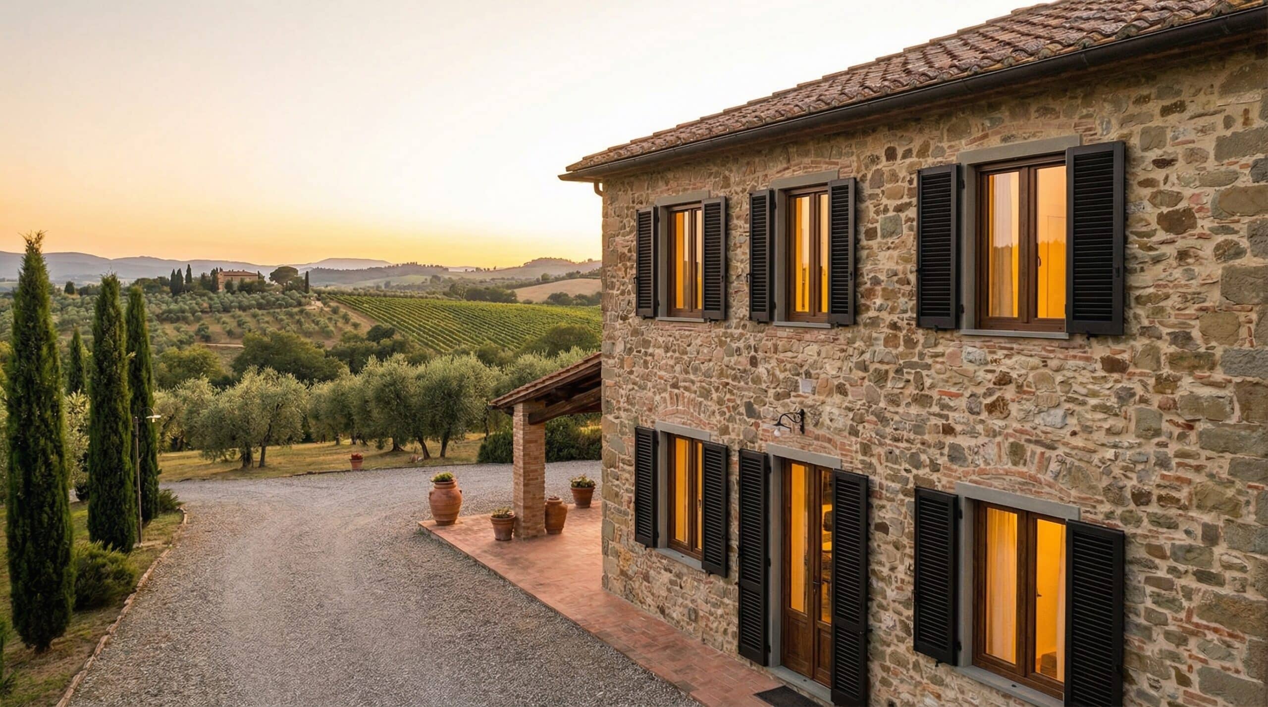 Casa rustica toscana in pietra con infissi in PVC effetto legno