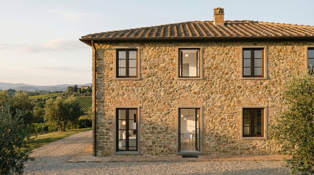 Casale toscano in pietra con infissi in PVC effetto legno integrati nell’architettura storica