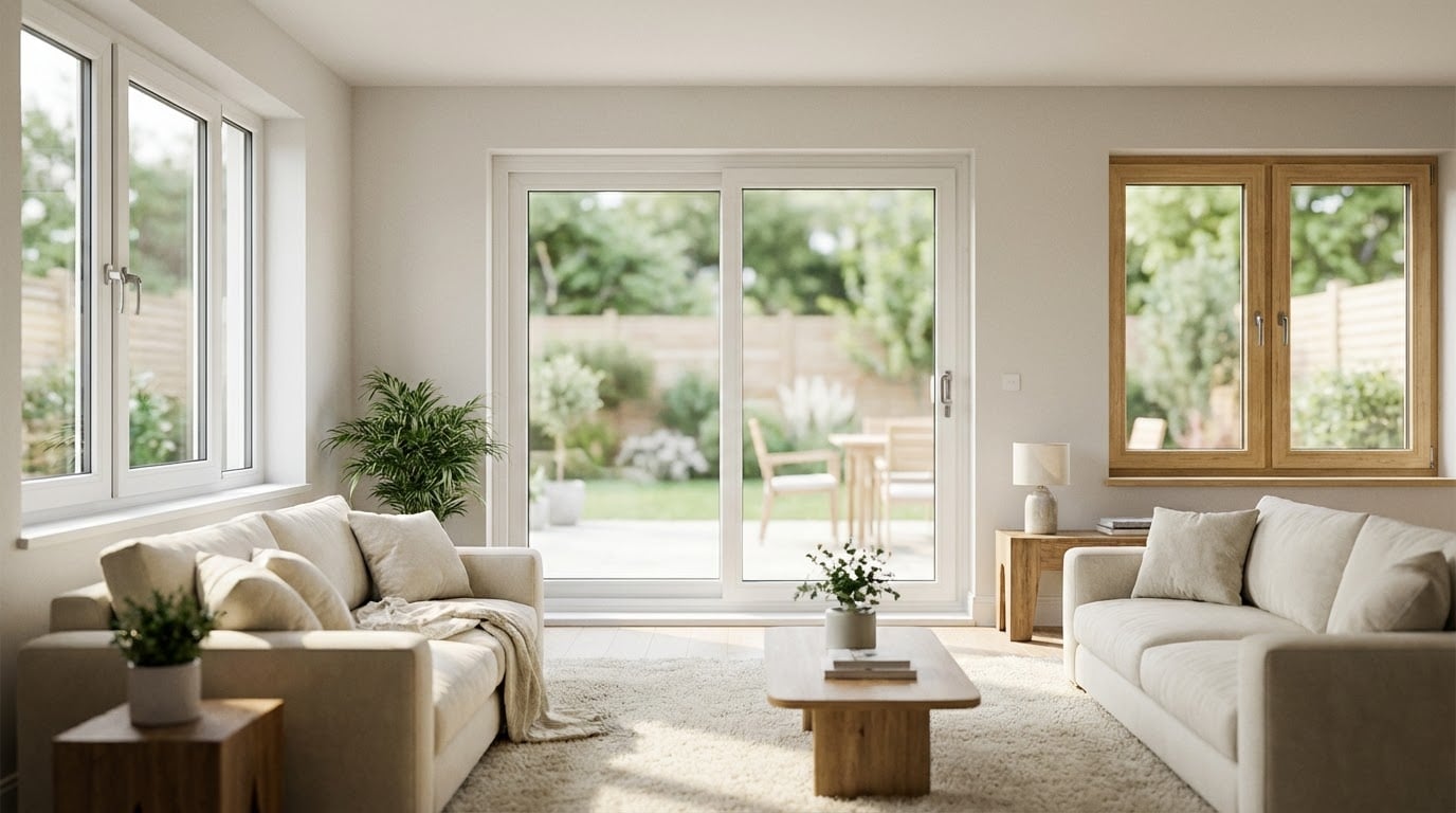 Soggiorno contemporaneo con ampie finestre in PVC a tutta altezza e vista sul giardino esterno