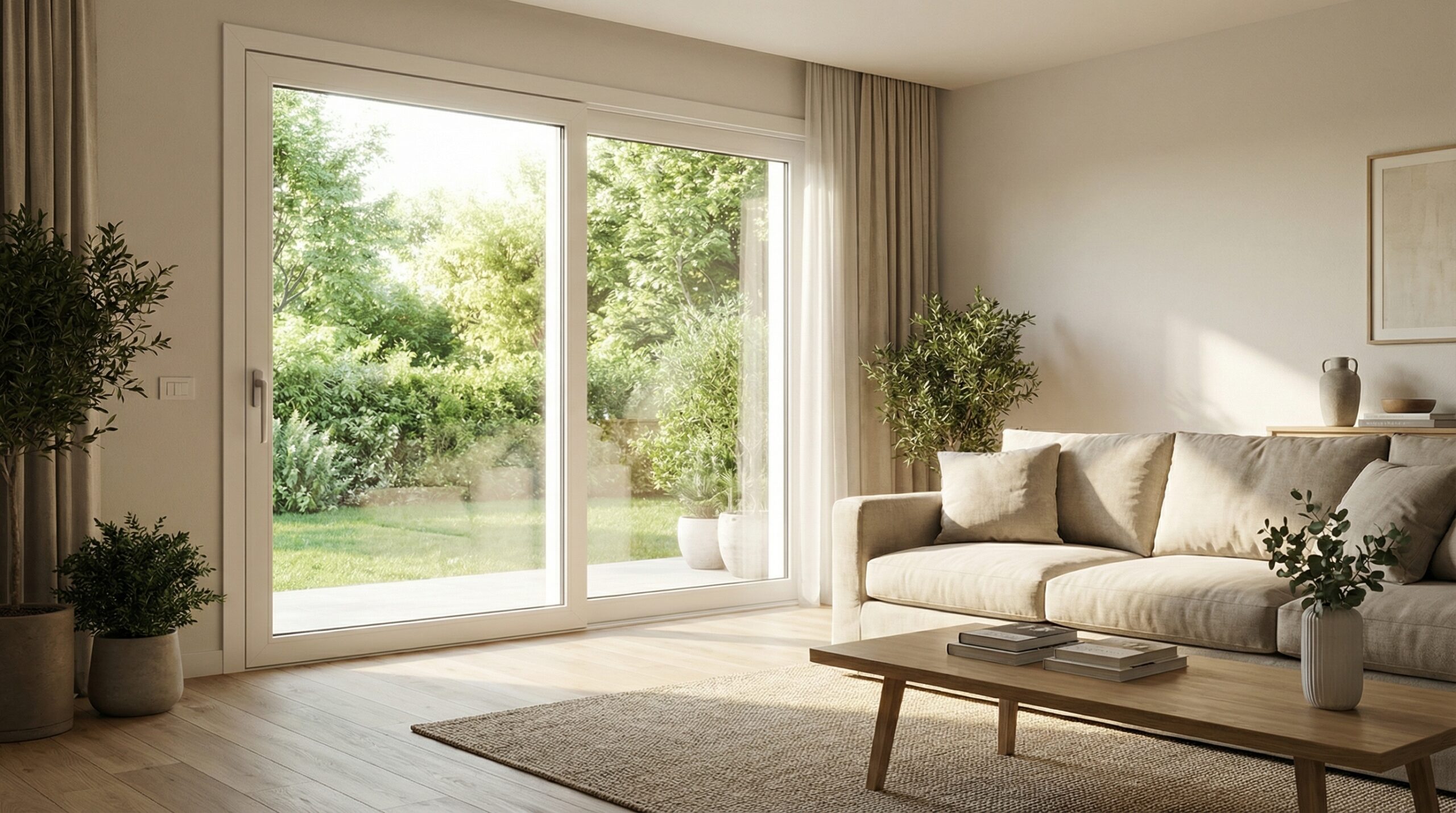 Ampio soggiorno con porta-finestra in PVC isolante