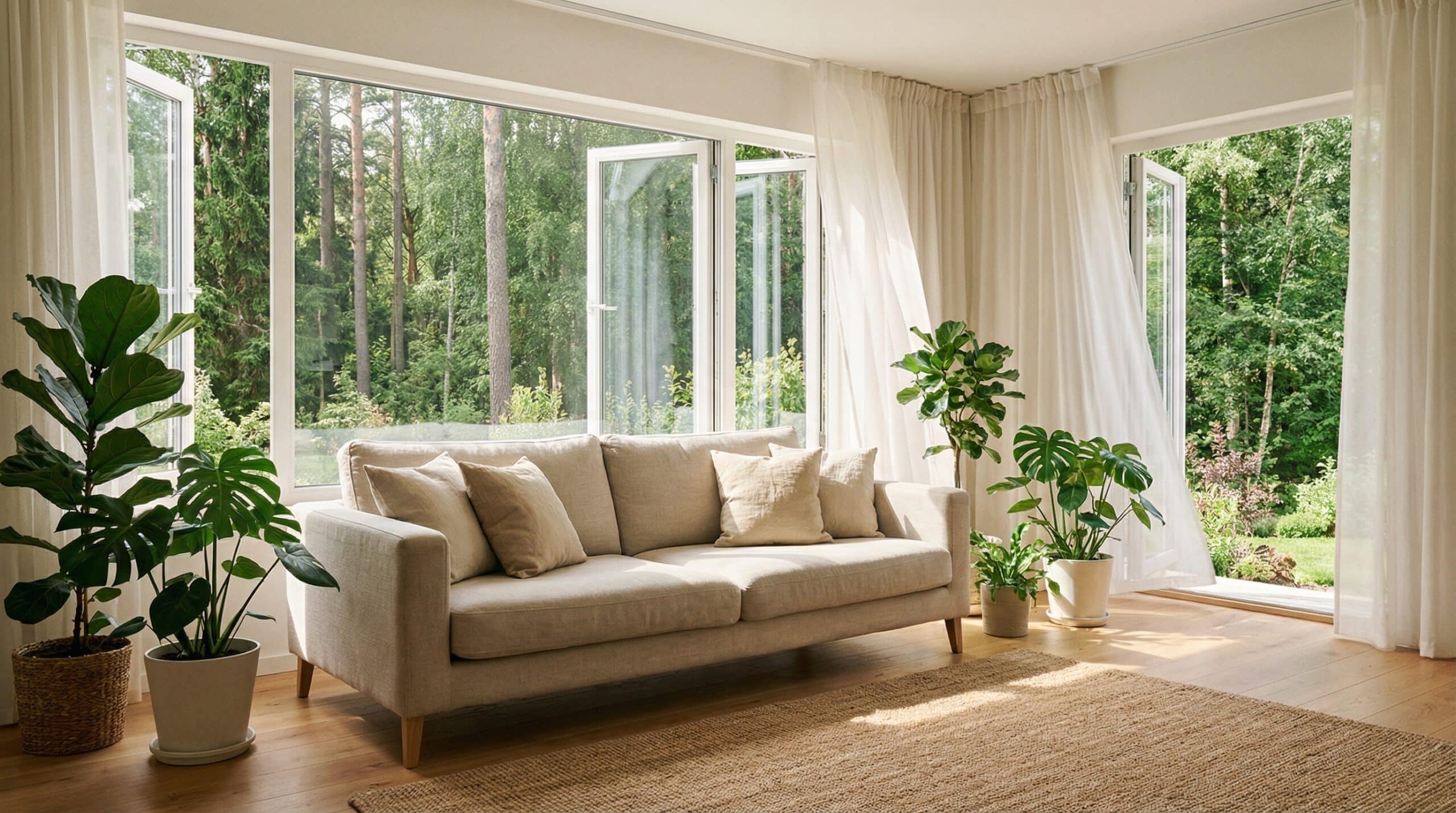 Soggiorno moderno con grandi finestre in PVC aperte sul giardino