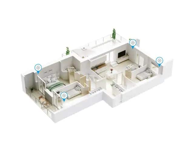 Planimetria di casa con sistema di ventilazione meccanica controllata per ricambio d’aria uniforme
