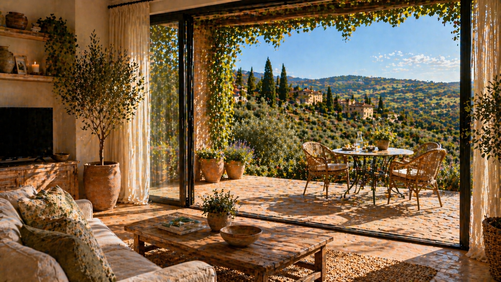 Soggiorno italiano moderno con grande finestra scorrevole in PVC antracite aperta su terrazzo estivo soleggiato