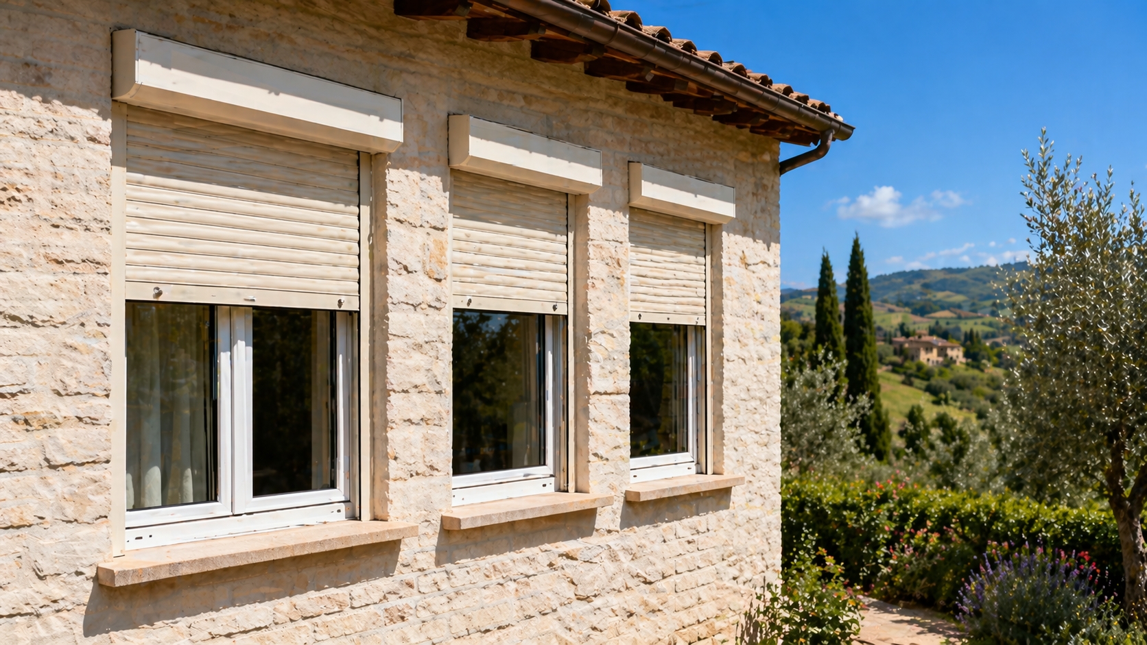 Foglio di preventivo per finestre in PVC su un tavolo italiano con luce primaverile e giardino verde sullo sfondo