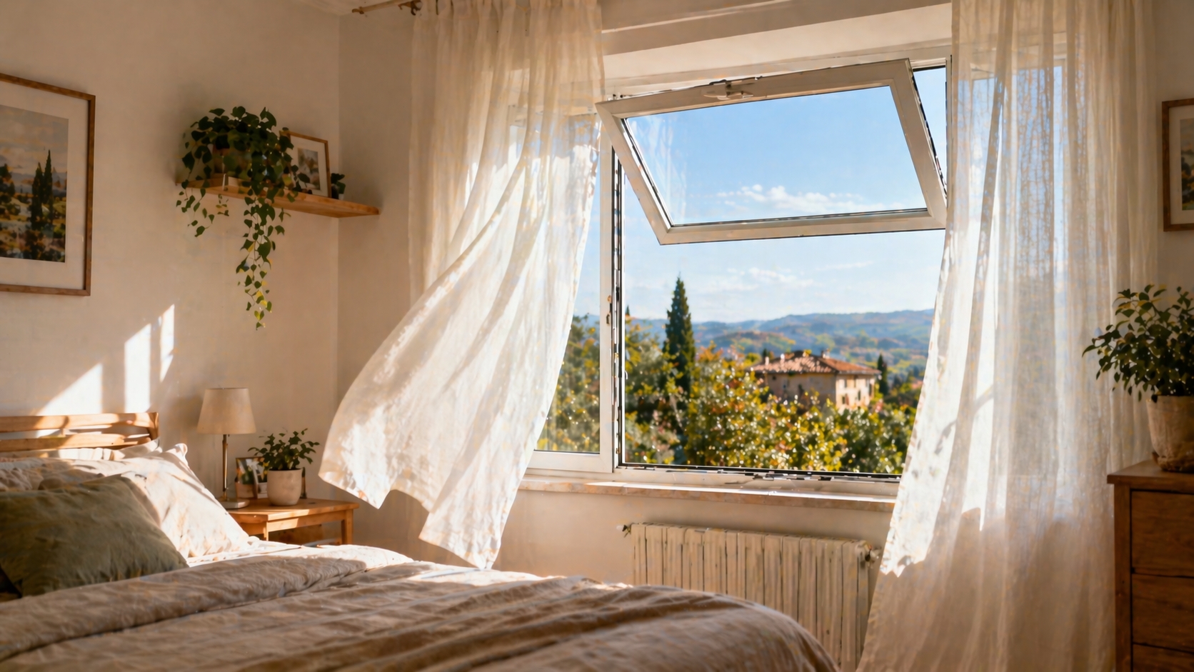 Due operai installano una finestra in PVC bianca su una facciata italiana in una mattina di primavera soleggiata