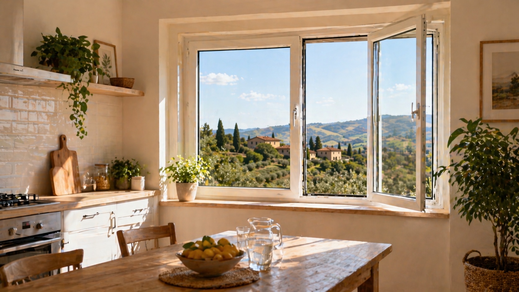 Facciata italiana con finestre in PVC bianco e tapparelle avvolgibili abbassate che proteggono dal sole estivo su una casa in stile toscano