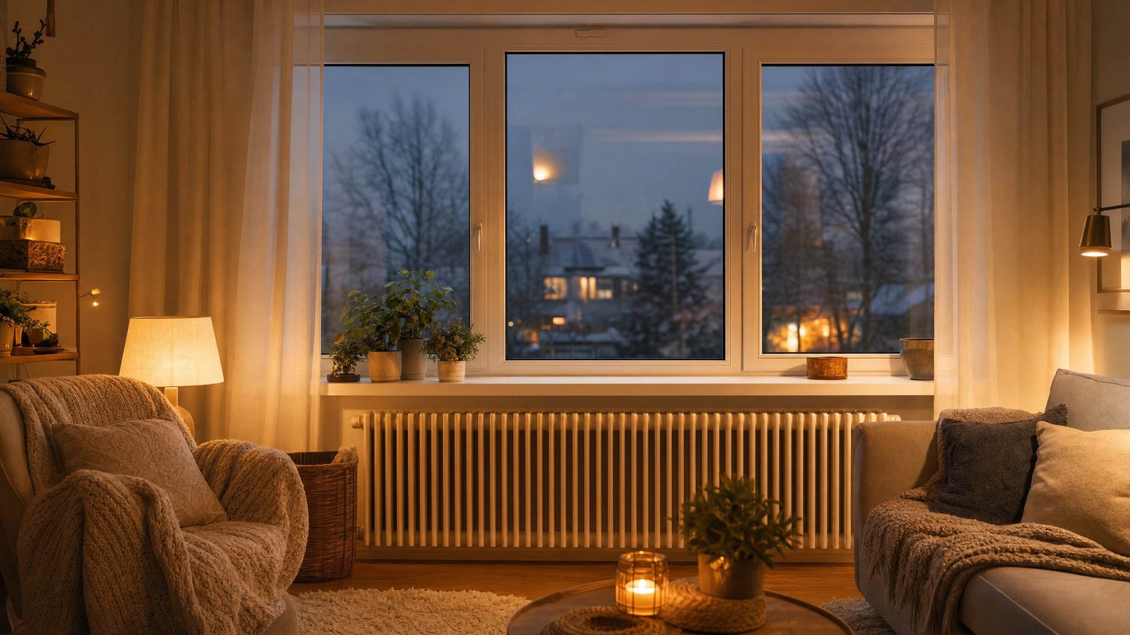 Soggiorno caldo d'inverno con grande finestra in PVC e termosifone acceso sotto