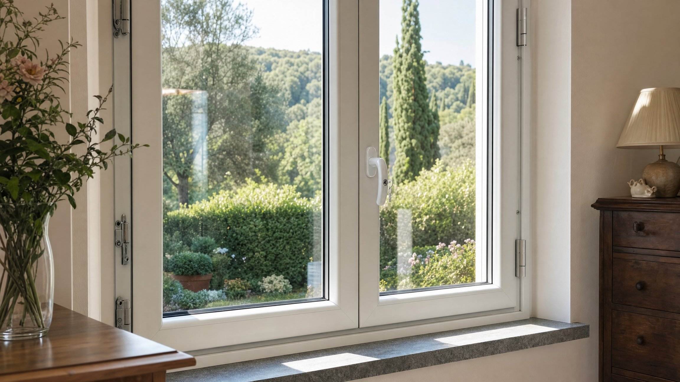 Finestra di sicurezza in PVC con ferramenta antieffrazione in una casa protetta