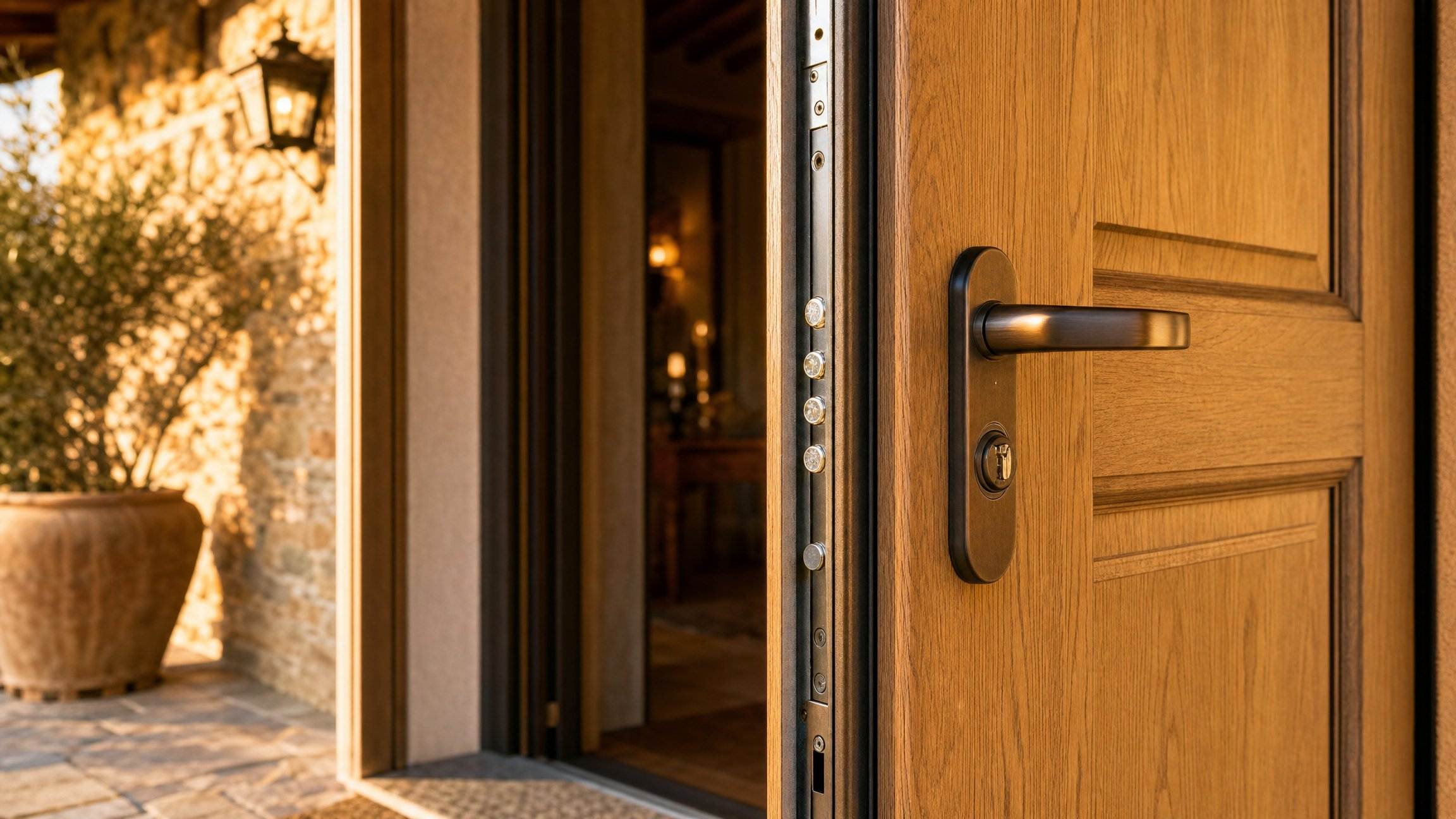 Portoncino d'ingresso in PVC effetto legno con serratura multipunto di una casa toscana