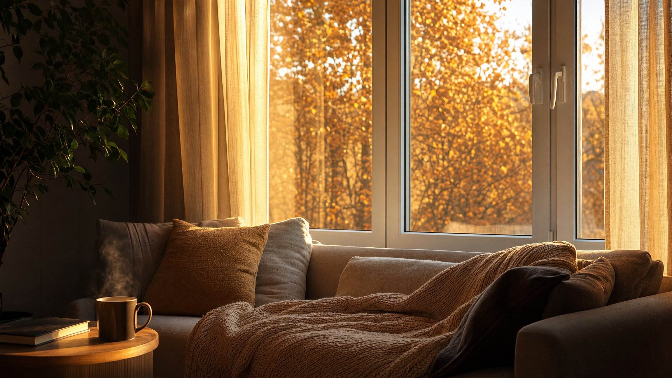 Interno caldo e accogliente con grande finestra in PVC che isola dal freddo invernale