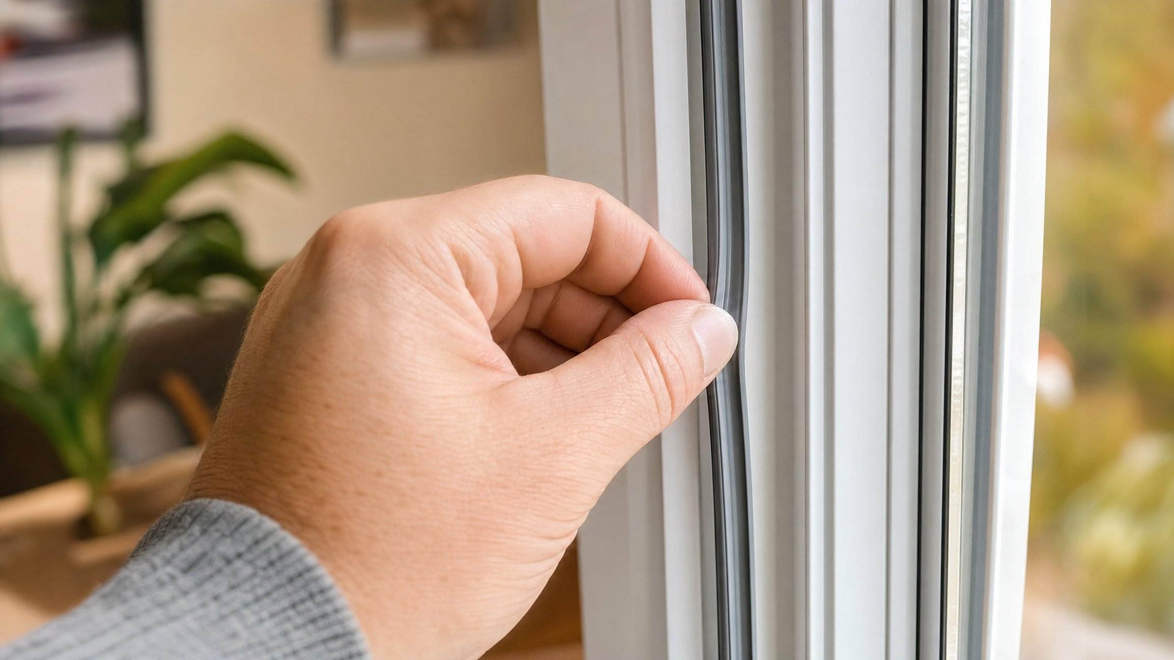 Mano che controlla la guarnizione di una finestra in PVC per verificare gli spifferi