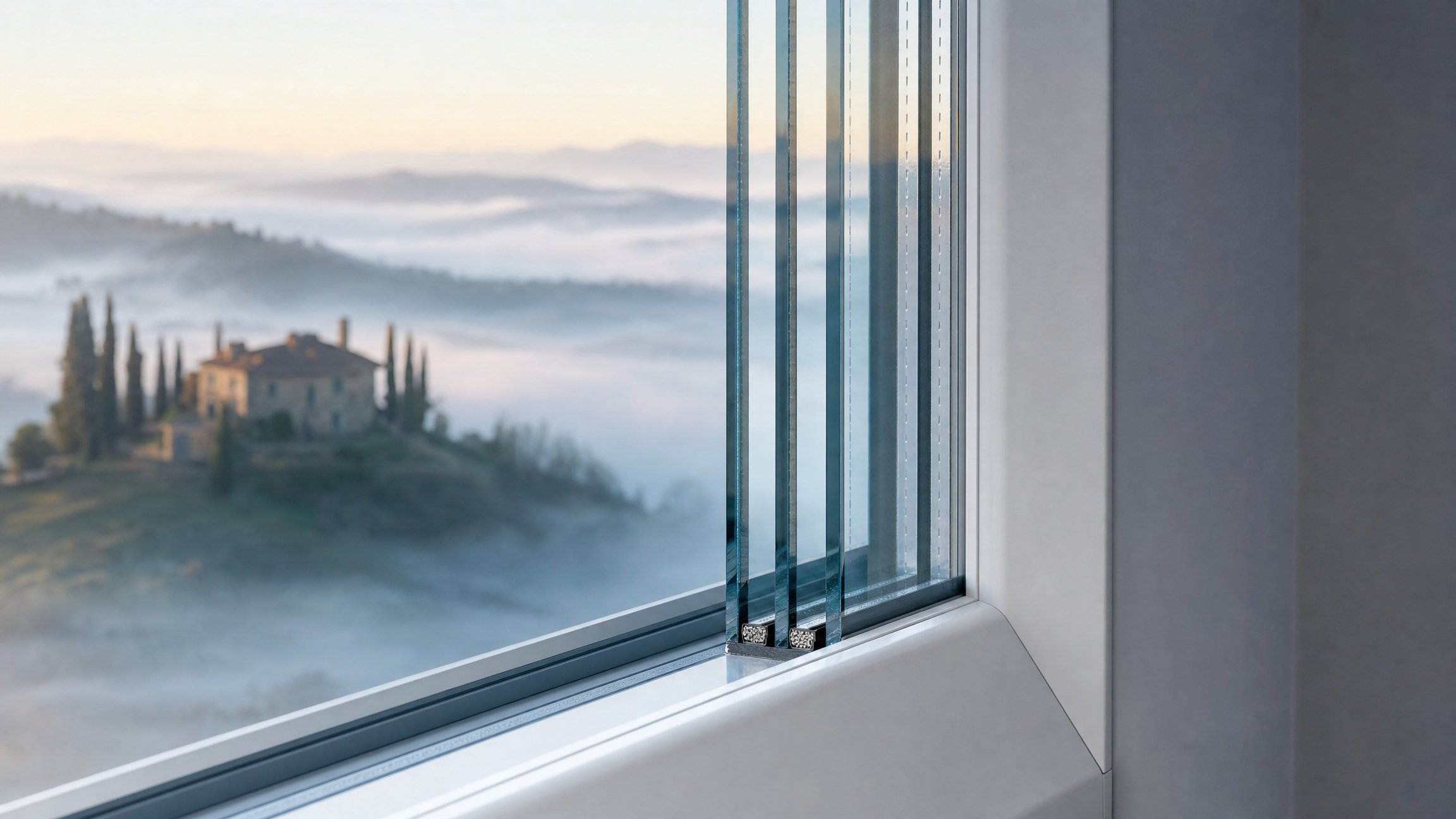 Dettaglio di finestra in PVC con vetrocamera a triplo vetro e casa collinare toscana nella nebbia sullo sfondo
