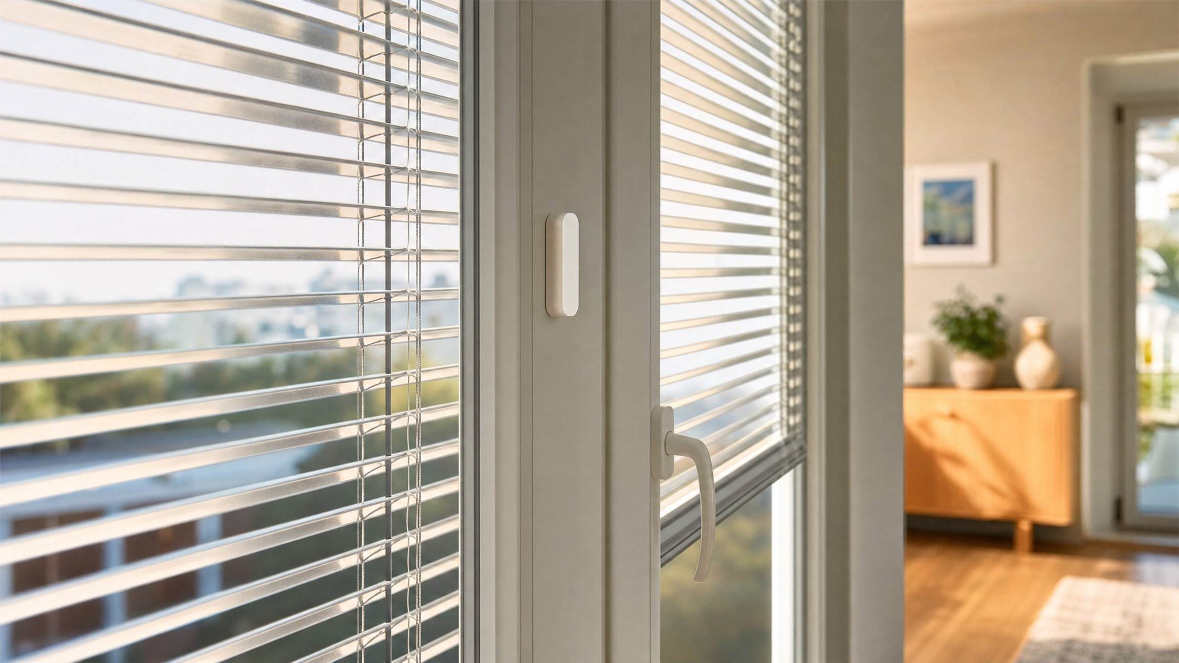 Finestra in PVC con veneziana integrata nel vetrocamera e lamelle regolate